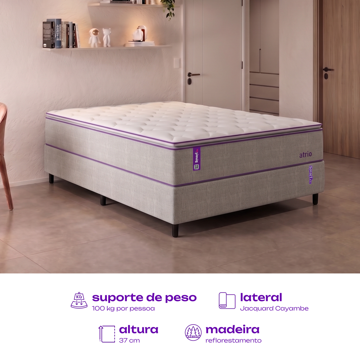 Cama Box Casal Bege 138x188x25 Jacquard Cayambe SmartZzz By Plumatex