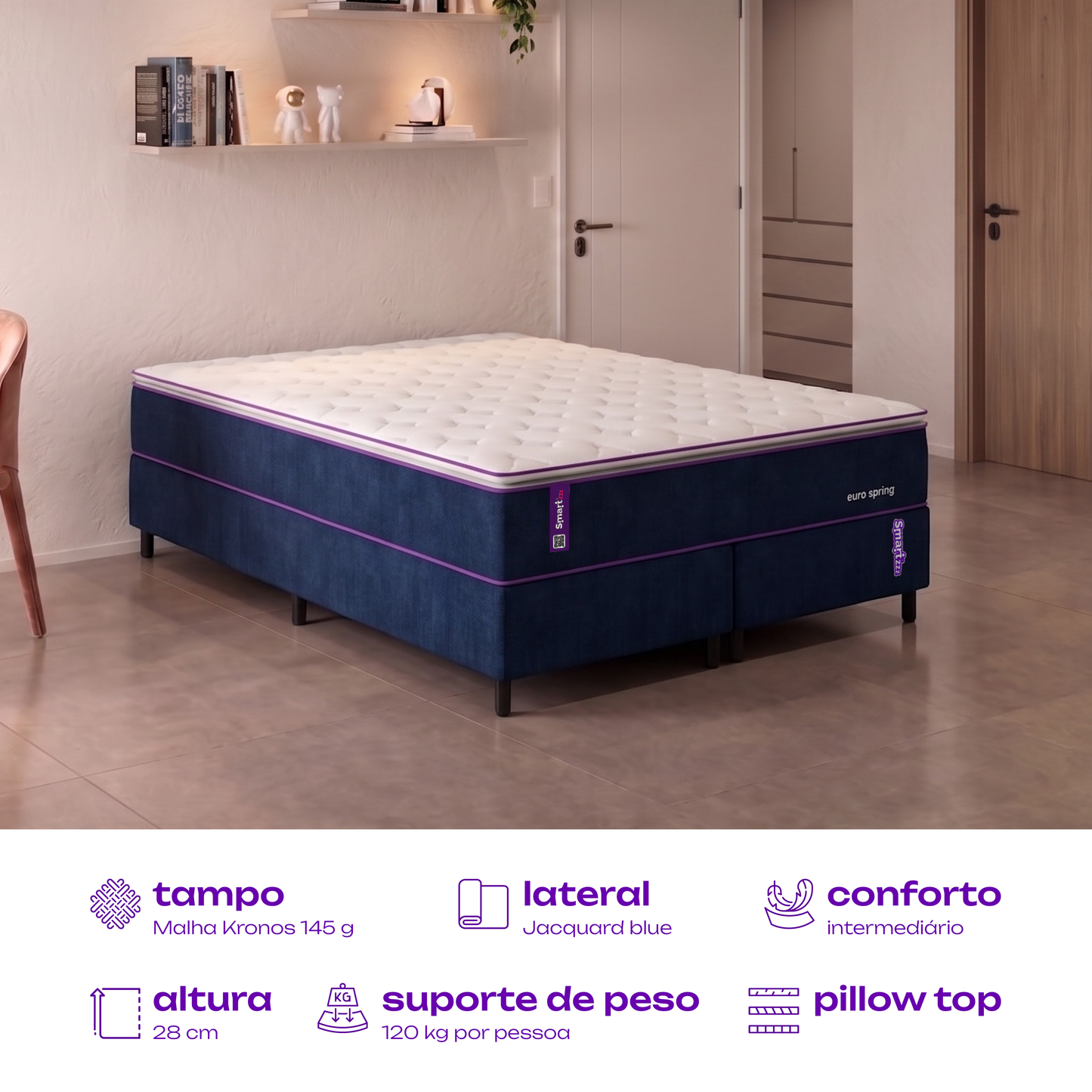 Colchão Queen Molas Ensacadas D28 Pillow 158x198x28 Euro Spring SmartZzz