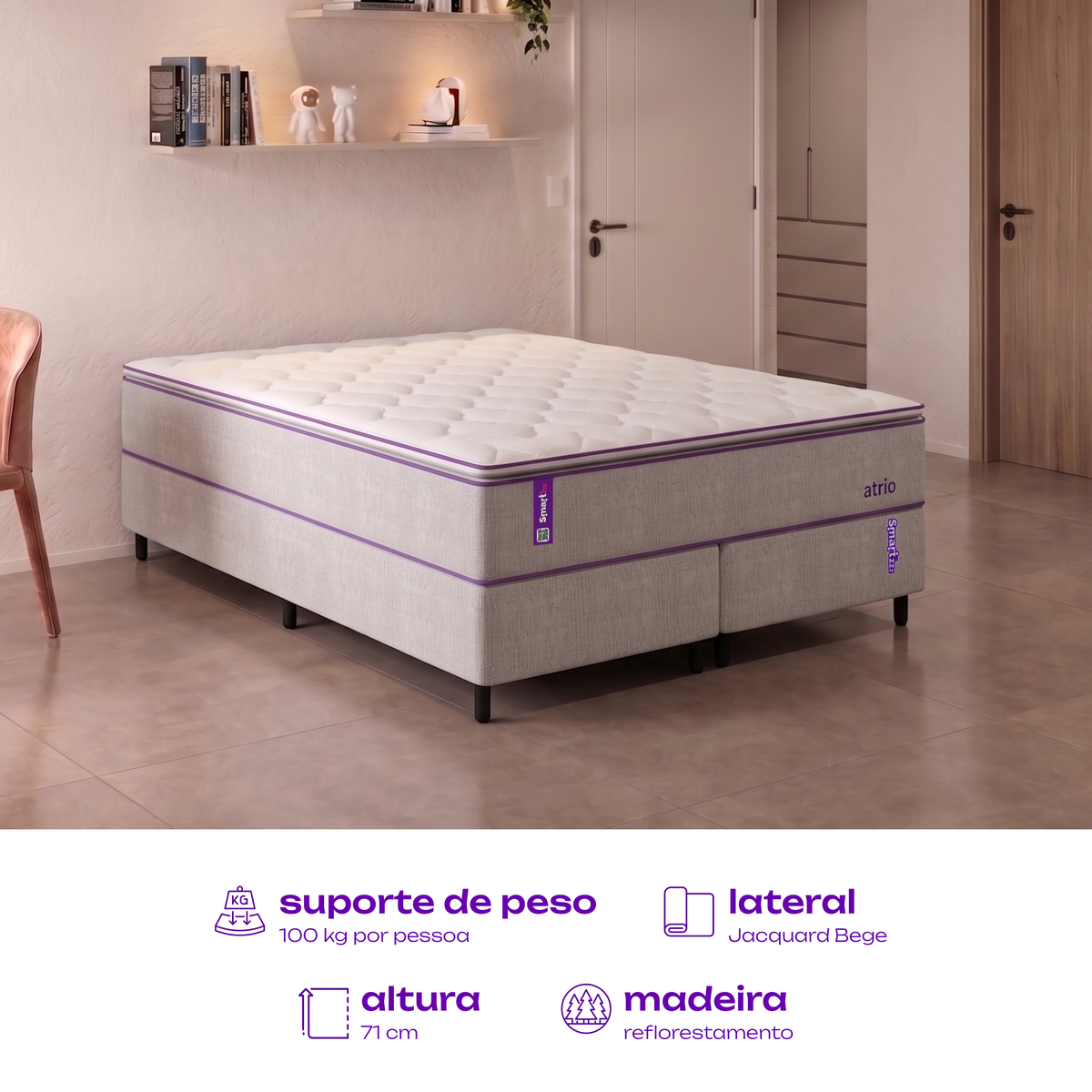 Cama Box Queen com Colchão 158x198 ATRIO SmartZzz By Plumatex