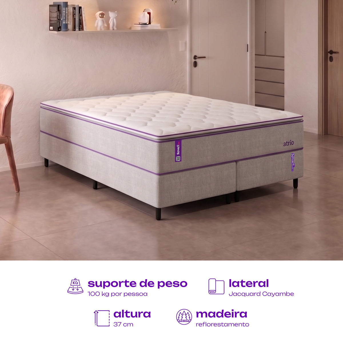 Cama Box Queen Bege 198x158x25 Jaquard Cayambe SmartZzz By Plumatex
