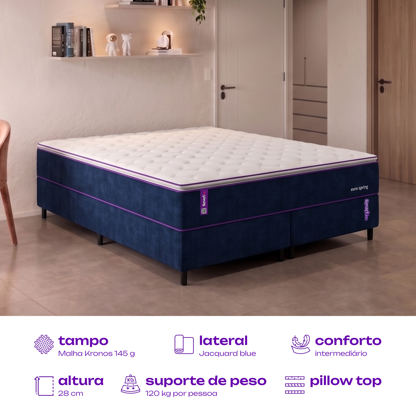 Colchão King Molas Ensacadas D28 Pillow 193x203x28 Euro Spring SmartZzz