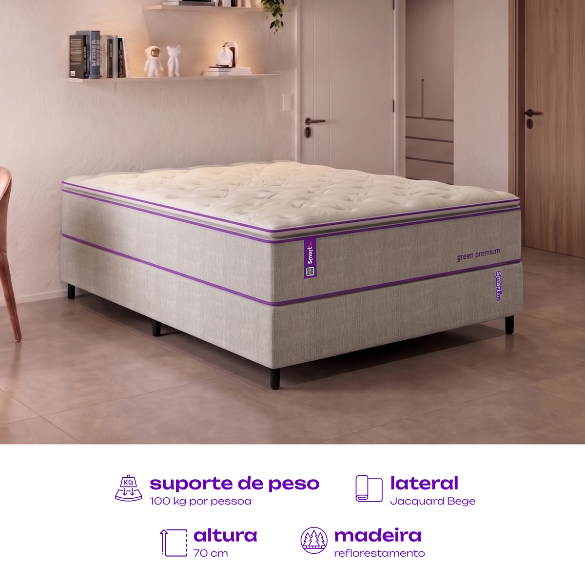 Cama Box Casal com Colchão Molas Ensacadas 138x188 Green Premium SmartZzz By Plumatex