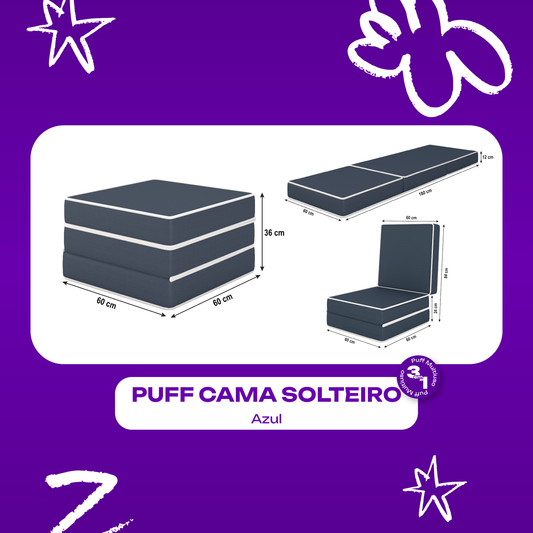 Puff Cama Solteiro Multiuso 3 em 1 Azul 60x60x36 Plumatex