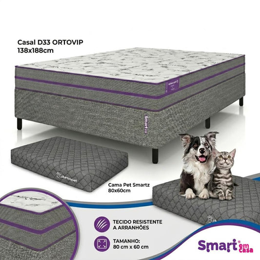 Cama box com Colçhão Casal D33 Ortovip 138x188 + Cama Pet 80X60 Smartz