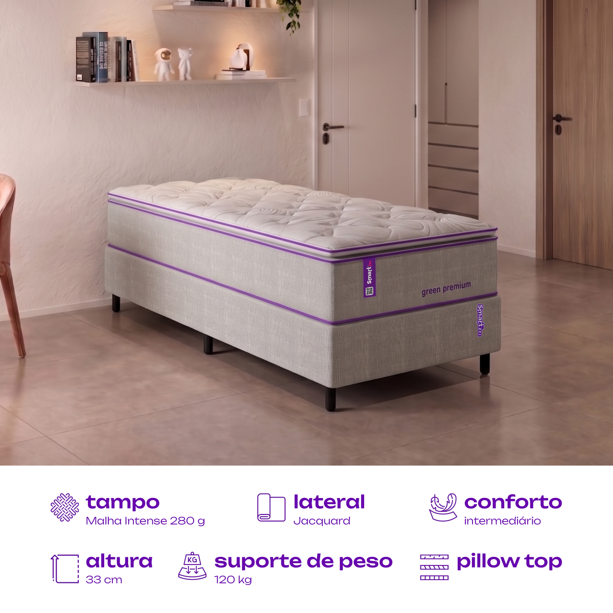 Colchão Solteiro Molas Ensacadas D33 88x188x33 Green Premium SmartZzz By Plumatex