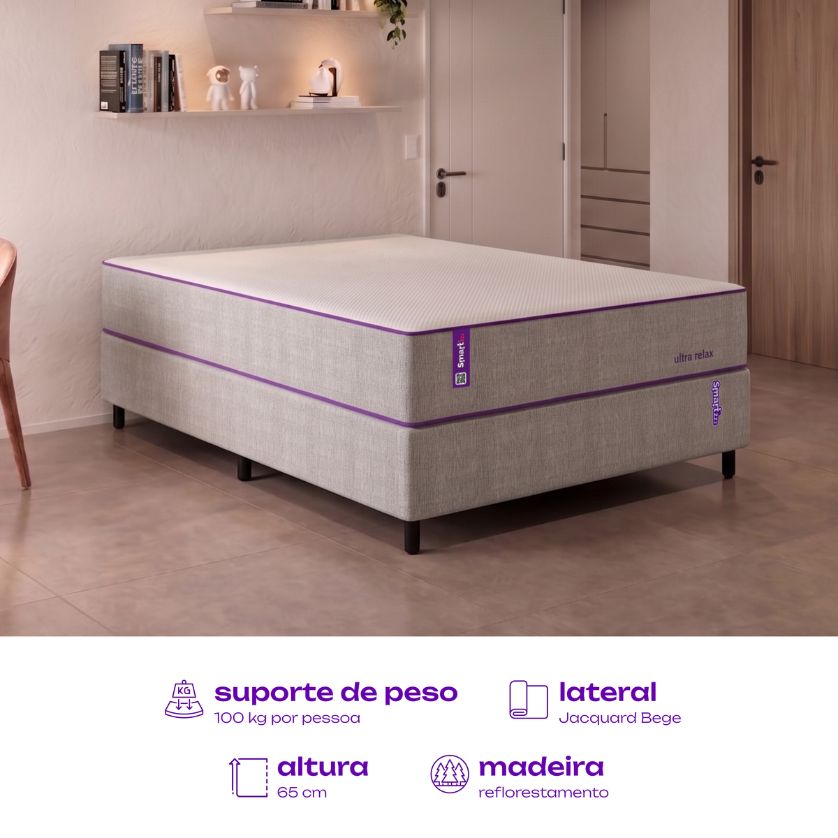 Cama Box Casal com Colchão 138x188 Ultra Relax SmartZzz By Plumatex