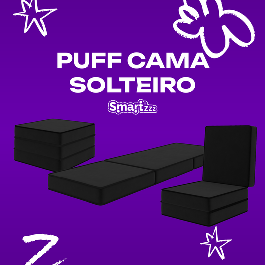 Puff Cama Solteiro Multiuso 3 em 1 Preto 60x60x30 Smart