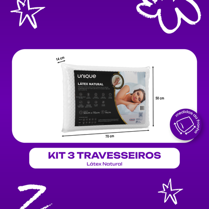 Kit 3 Travesseiros Látex Natural Capa Percal 200 fios 50x70x14 Unique