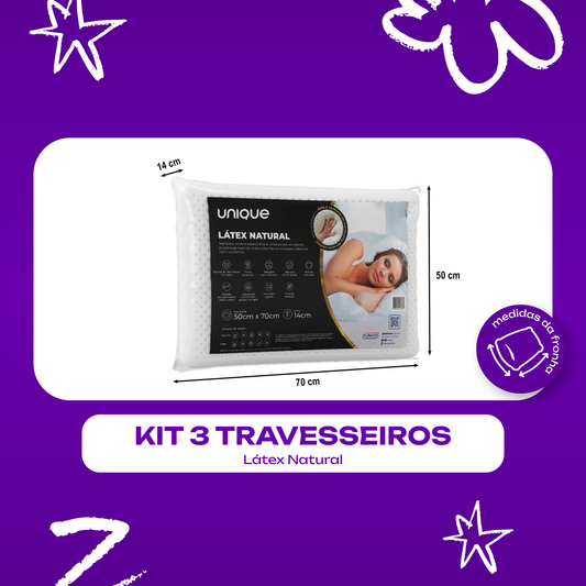 Kit 3 Travesseiros Látex Natural Capa Percal 200 fios 50x70x14 Unique