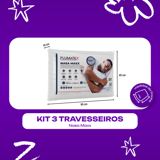Kit 3 Travesseiros NASA Viscoelástico Antialérgico Maxx 38x58x10 Plumatex