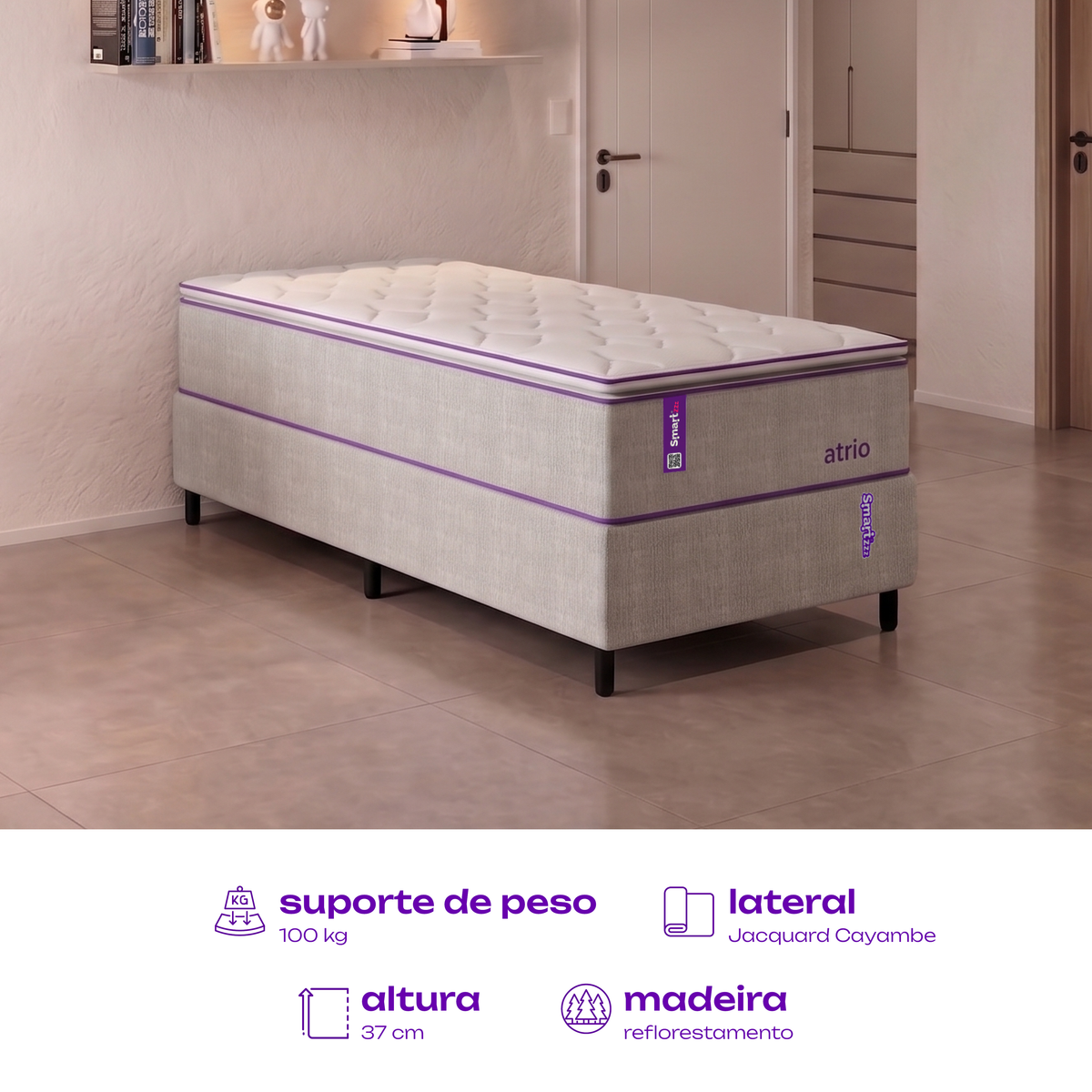 Cama Box Solteiro Bege 88x188x25 Jacquard Cayambe SmartZzz By Plumatex