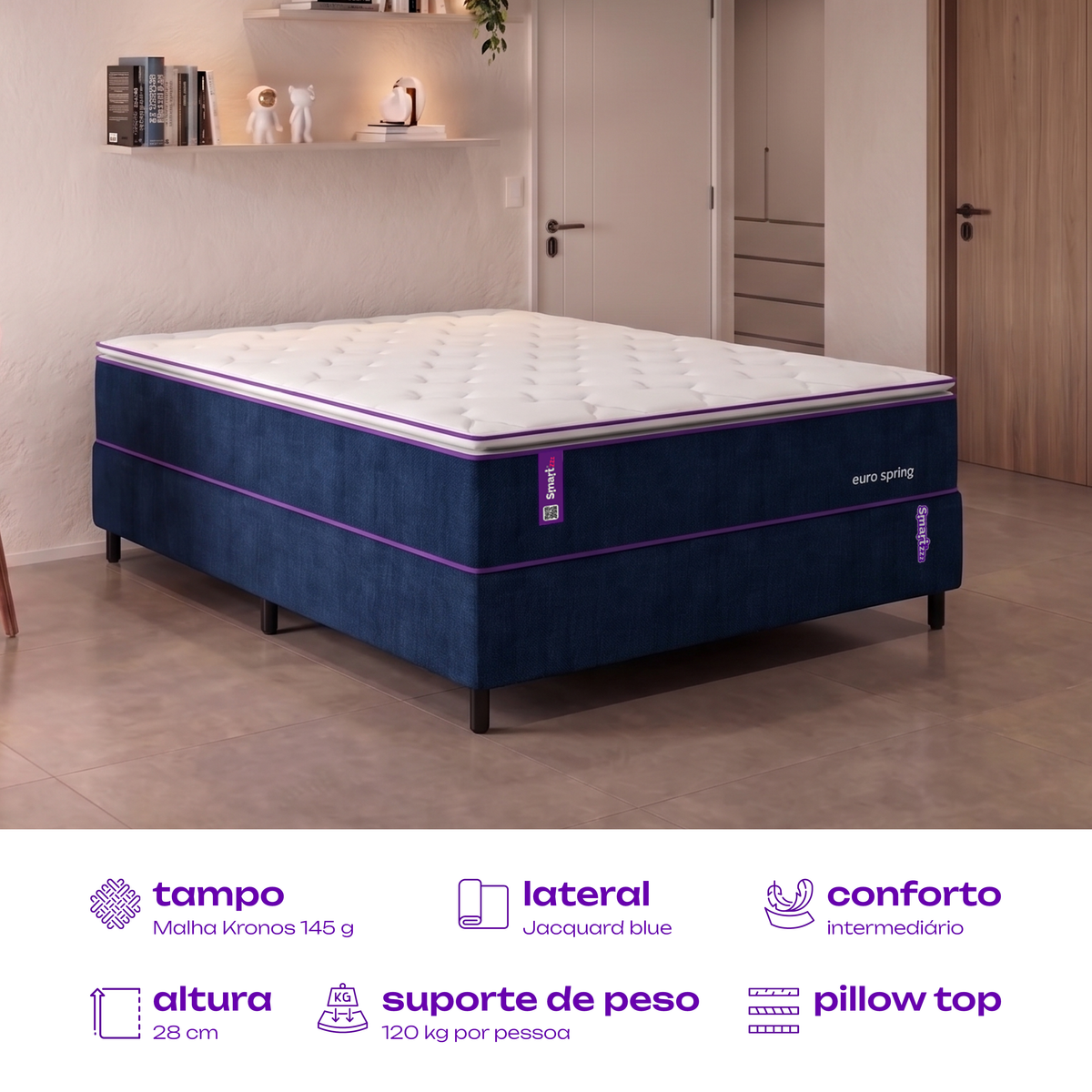 Colchão Casal Molas Ensacadas D28 Pillow 138x188x28 Euro Spring SmartZzz By Plumatex
