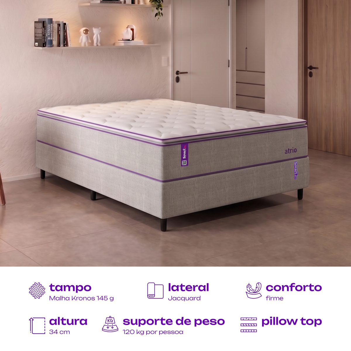 Colchão Casal Molas Ensacadas Pillow D26+D28 138x188x34 Atrio SmartZzz By Plumatex