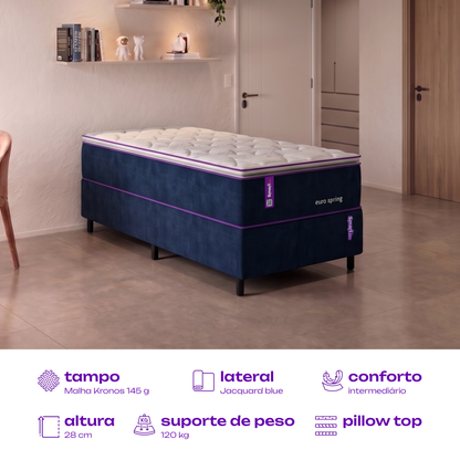 Colchão Solteiro Molas Ensacadas com Pillow 88x188x28 Euro Spring SmartZzz By Plumatex