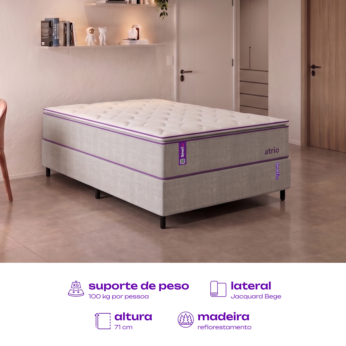 Cama Box Casal com Colchão 138x188 Atrio SmartZzz By Plumatex