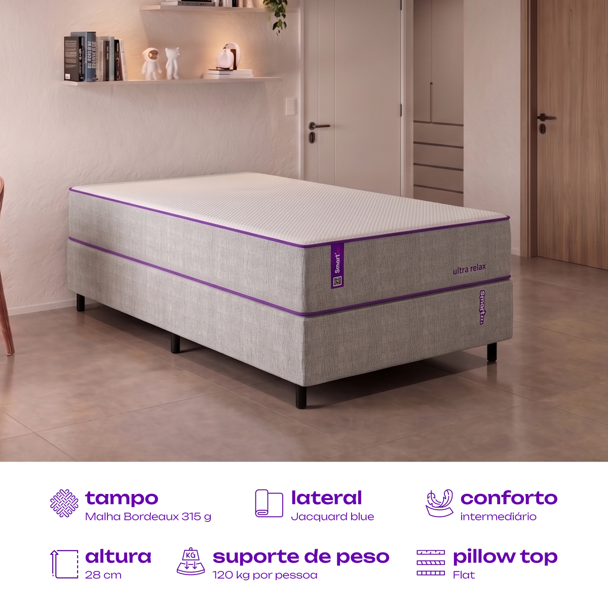 Colchão Solteirão Espuma Soft Gel 108x198x28 Ultra Relax SmartZzz By Plumatex