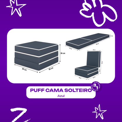 Puff Cama Solteiro Multiuso 3 em 1 Azul 60x60x36 Plumatex