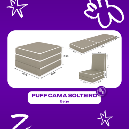 Puff Cama Solteiro Multiuso 3 em 1 Bege 60x60x36 Plumatex