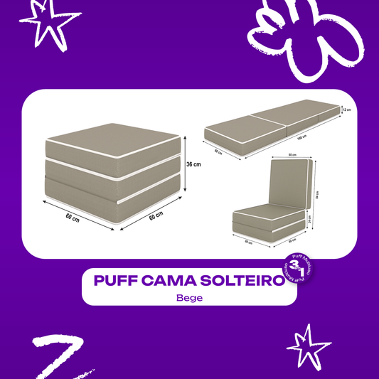 Puff Cama Solteiro Multiuso 3 em 1 Bege 60x60x36 Plumatex