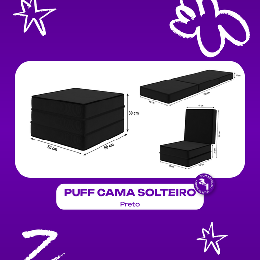 Puff Cama Solteiro Multiuso 3 em 1 Preto 60x60x30 Smart
