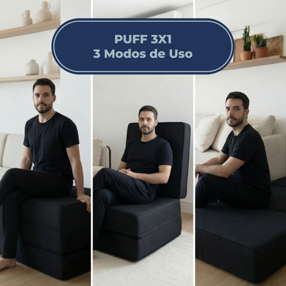 Puff Cama Solteiro Multiuso 3 Em 1 Preto 60x60x30 Plumatex