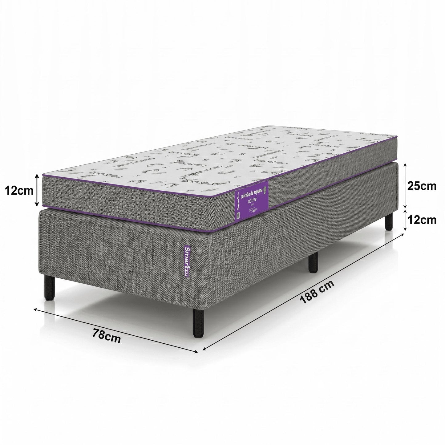 Cama Box com Colchão  Solteiro D33 Acction  78x188x Smartz