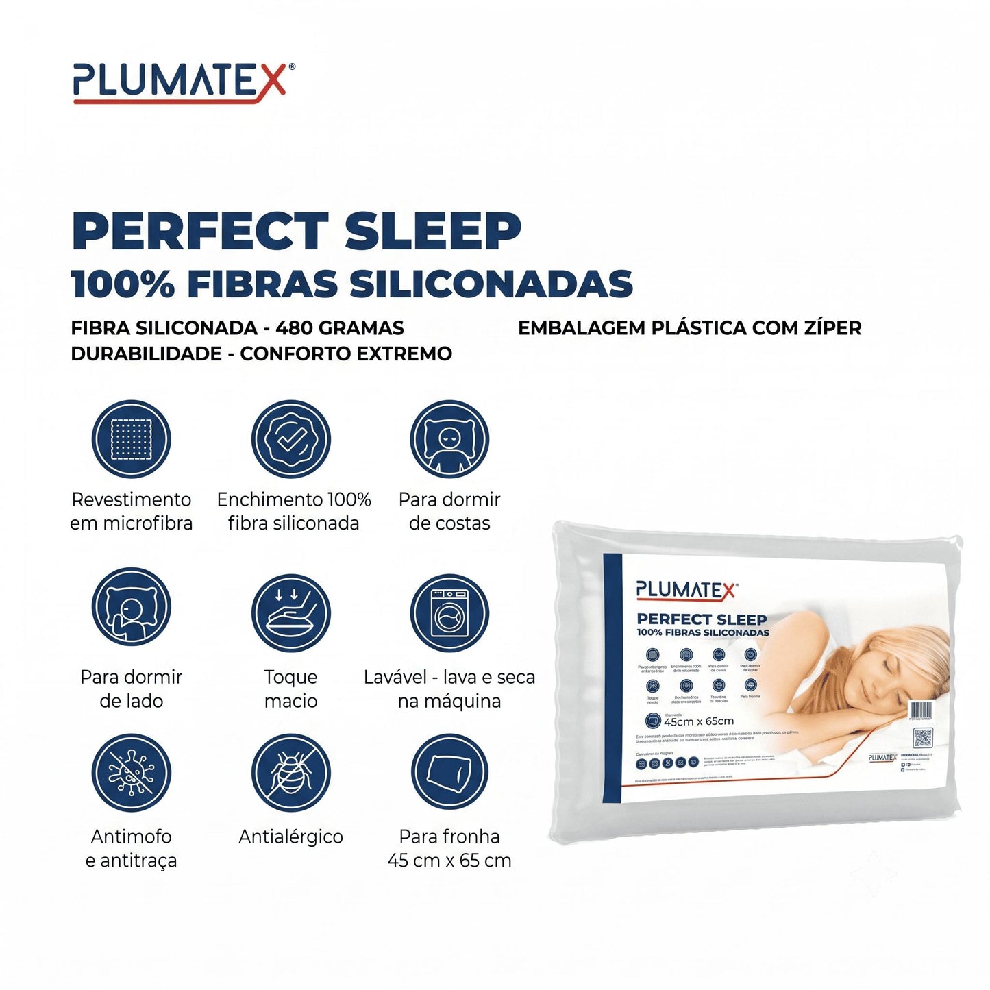 Kit 2 Travesseiros 100% Fibras Siliconadas 45x65x12 Perfect Sleep Plumatex