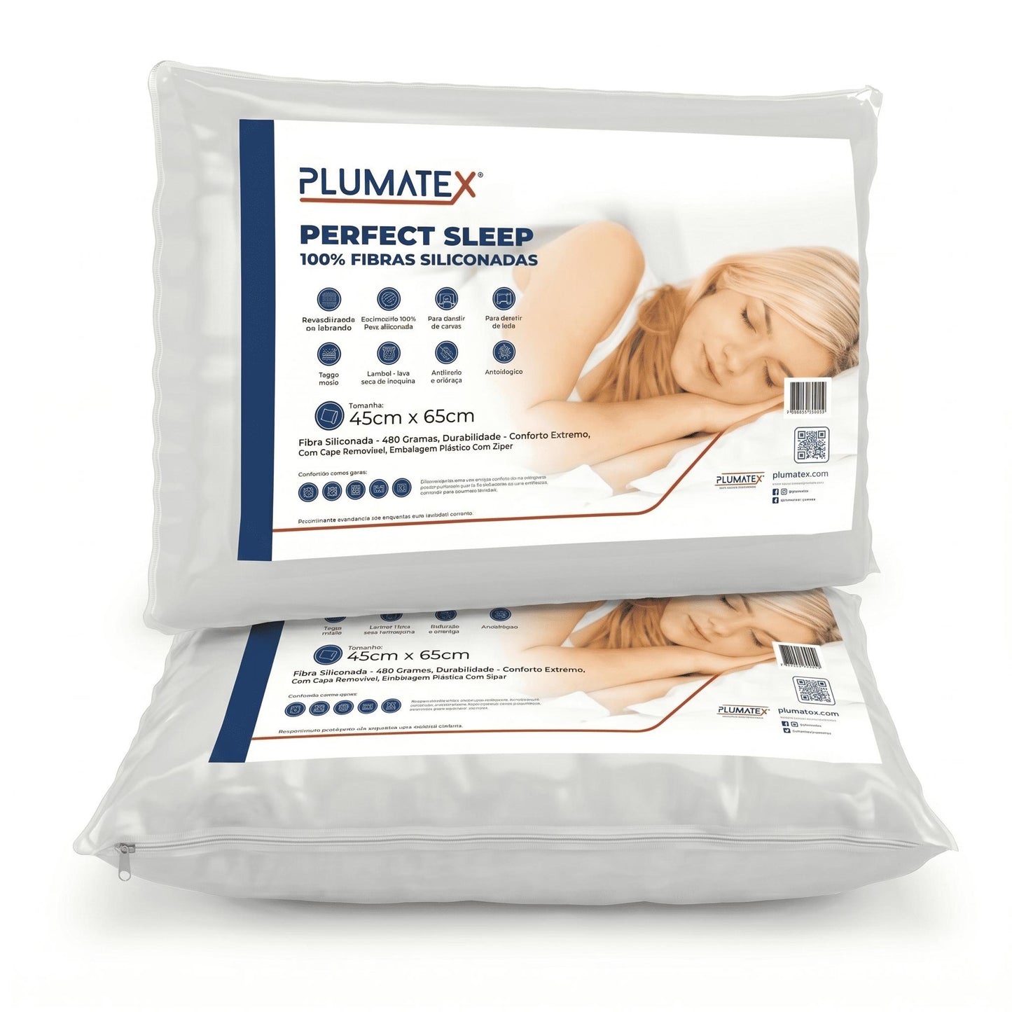 Kit 2 Travesseiros 100% Fibras Siliconadas 45x65x12 Perfect Sleep Plumatex