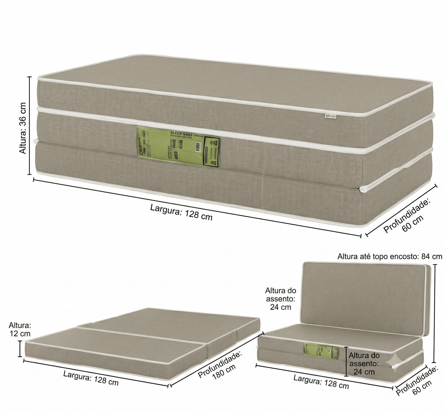 Puff 3 Em 1 Cama Casal  Espuma D28  Bege 28x60x36  Plumatex