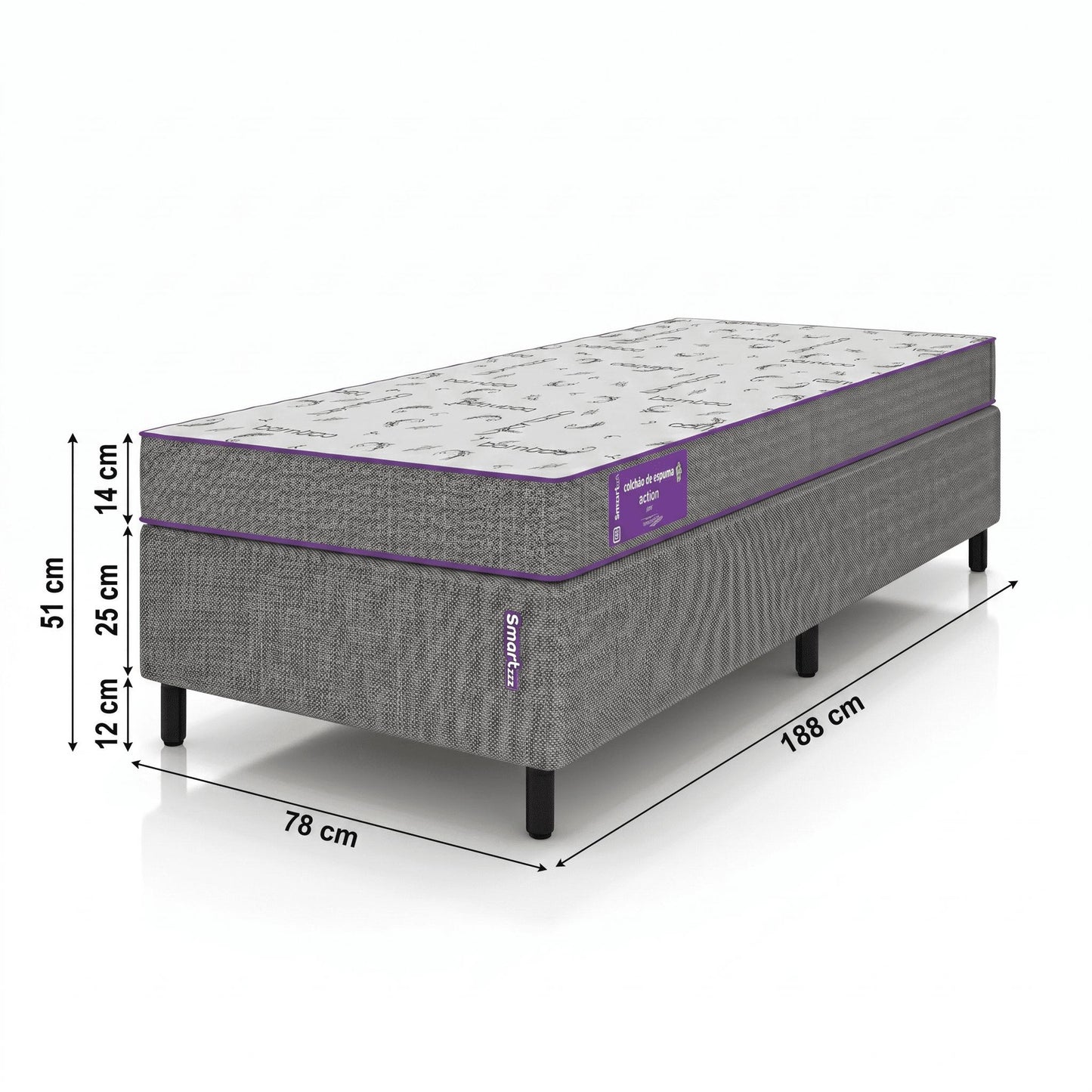 Cama Box com Colchão Solteiro D28 Acction 78x188x51  Smartz