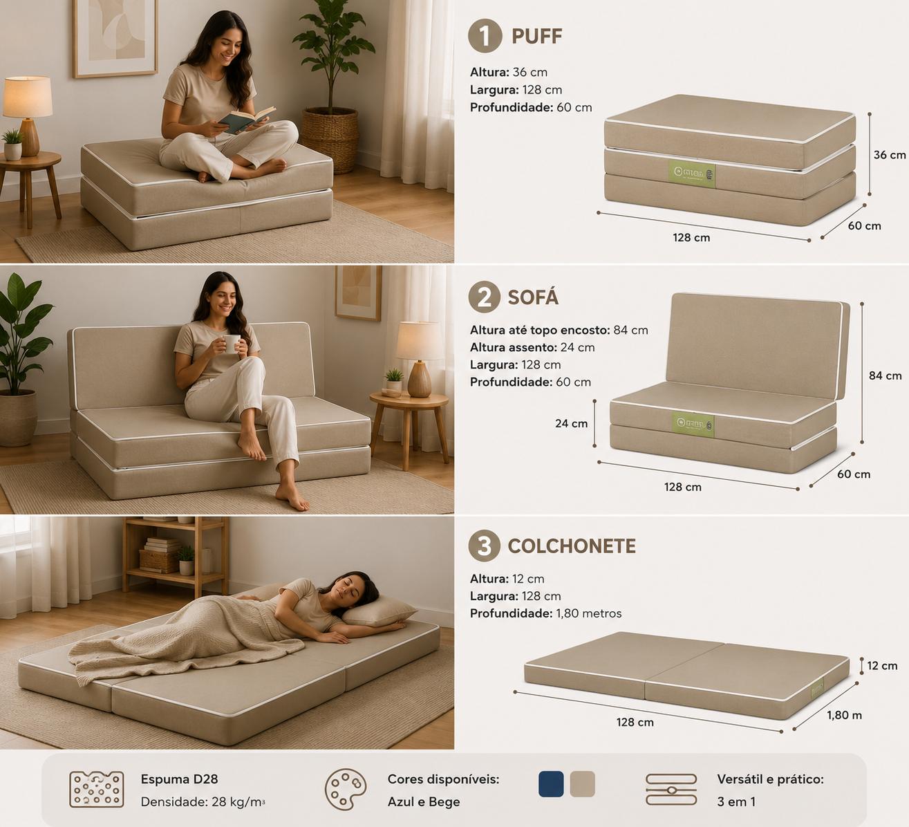 Puff 3 Em 1 Cama Casal  Espuma D28  Bege 28x60x36  Plumatex