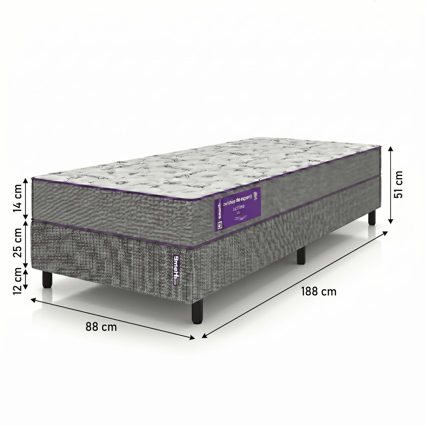 Cama Box  com Colchão Solteiro  D20 Acction  88x188x14  Smartz