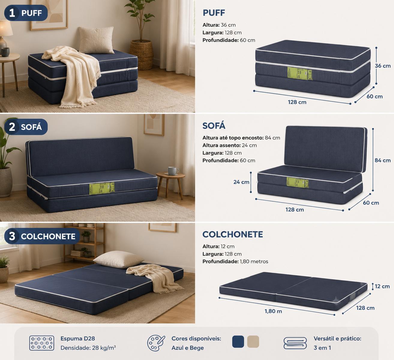 Puff 3 Em 1 Cama Casal  Espuma D28  Azul 28x60x36  Plumatex