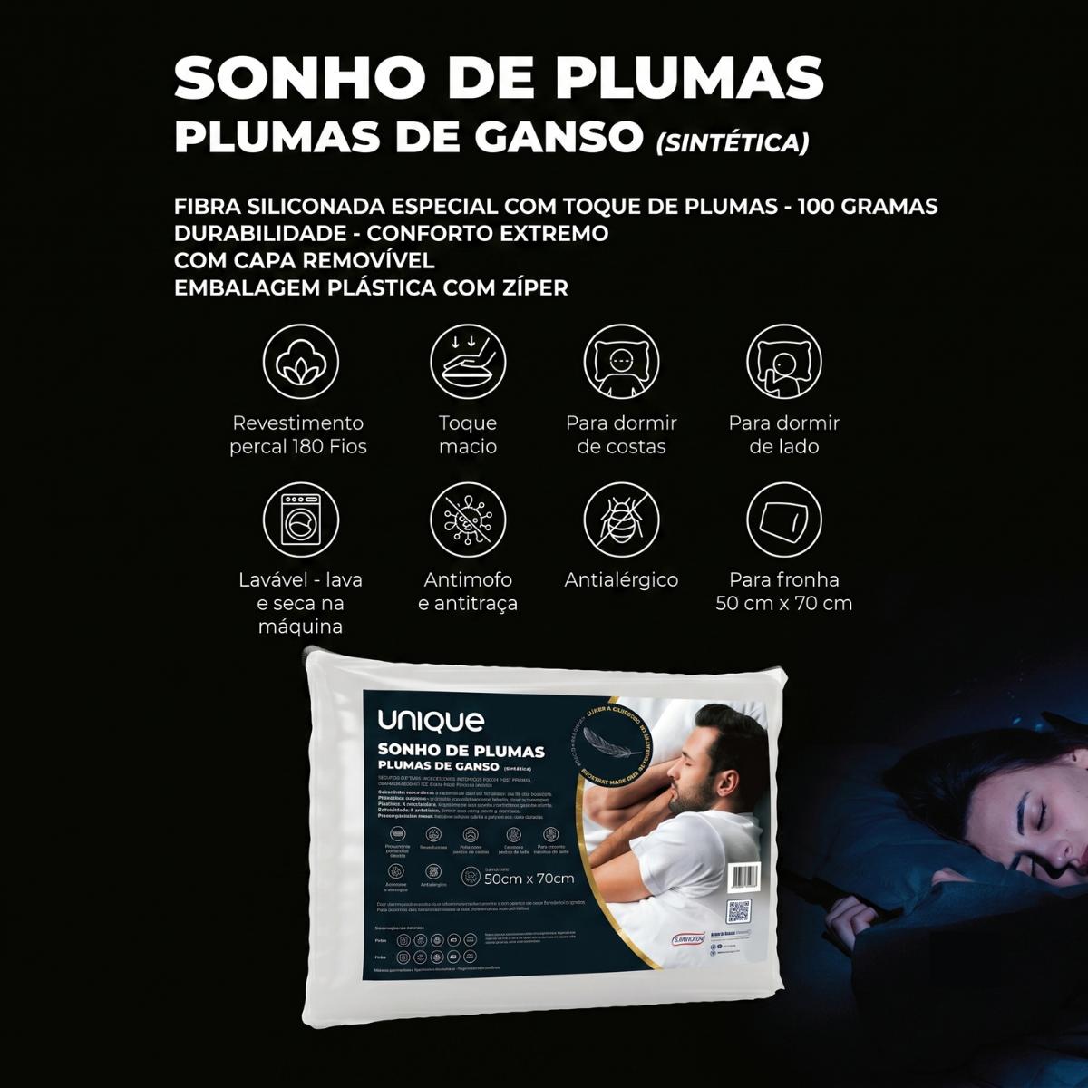Kit 2 Travesseiros Plumas de Ganso Sintética 180 Fios  50x70 Plumatex