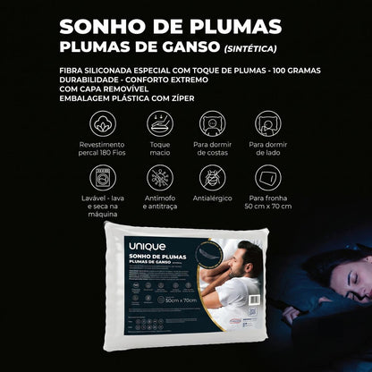Kit 2 Travesseiros Plumas de Ganso Sintética 180 Fios  50x70 Plumatex